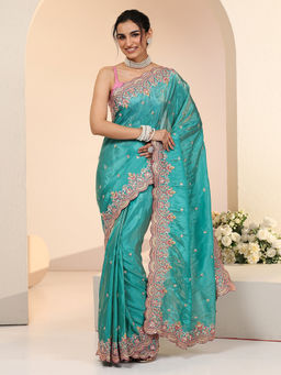 Libas - Women Turquoise Floral Embroidered Saree