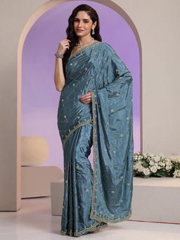 Libas - Women Blue Ethnic Motif Beads Embellished Saree