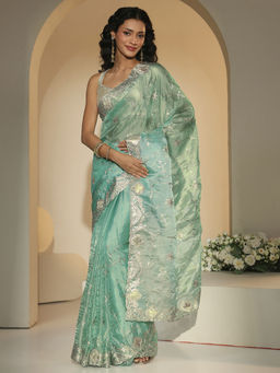 Libas - Women Sea Green Floral Zari Embroidered Saree