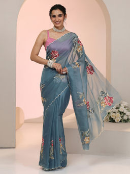 Libas - Women Blue Floral Embroidered Saree