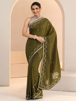 Libas - Women Olive Embroidered Sequined Work Saree