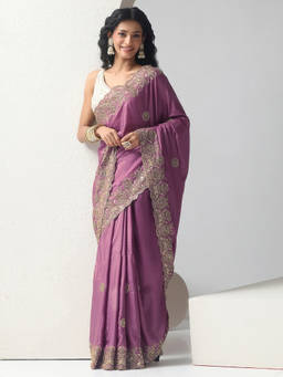 Libas - Women Lavender Embroidered Sequined Work Saree