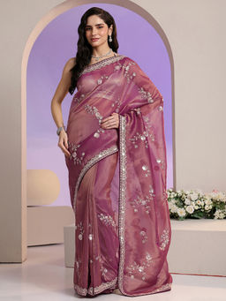 Libas - Women Mauve Floral Embroidered Sequined Work Saree