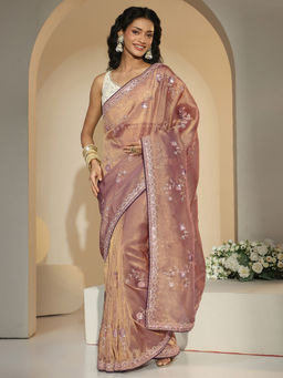 Libas - Women Taupe Floral Embroidered Sequined Work Saree