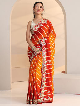 Libas - Women Orange-Red Leheriya Printed Embroidered Saree