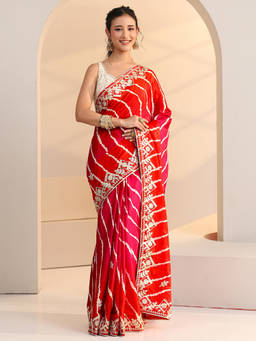 Libas - Women Red-Pink Leheriya Printed Embroidered Saree
