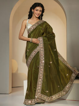 Libas - Women Olive Ethnic Motif Embroidered Sequined Work Saree