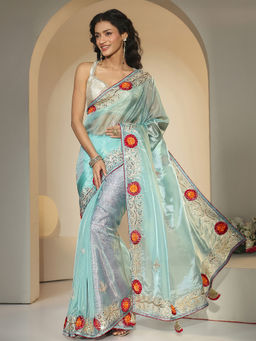 Libas - Women Sky Blue Floral Embroidered Sequined Work Saree