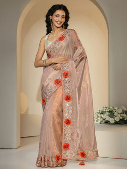 Libas - Women Beige Floral Embroidered Sequined Work Saree