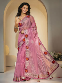 Libas - Women Pink Floral Embroidered Sequined Work Saree