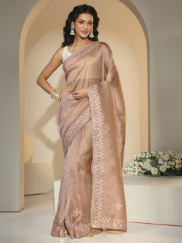 Libas - Women Beige Embroidered Sequined Work Saree