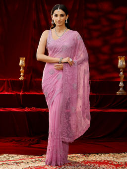 Libas - Women Pink Floral Embroidered Saree