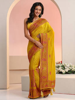 Libas - Women Mustard Paisley Embroidered Saree
