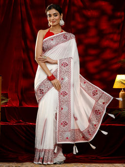 Libas - Women White Paisley Embroidered Saree