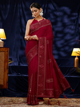 Libas - Women Red Paisley Embroidered Saree