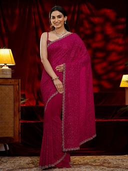 Libas - Women Pink Embroidered Stone Work Saree
