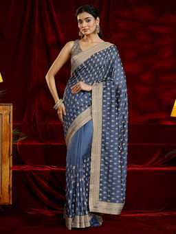 Libas - Women Blue Floral Embroidered Saree
