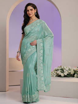 Libas - Women Sea Blue Embroidered Stone Work Saree