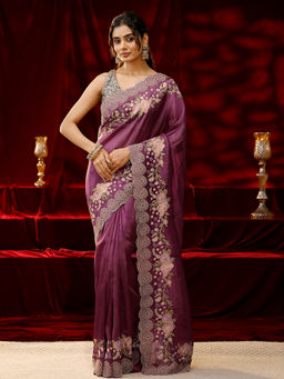 Libas - Women Purple Floral Embroidered Saree