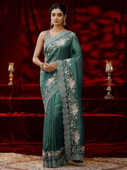 Libas - Women Green Floral Embroidered Saree