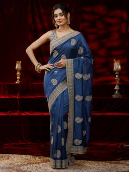 Libas - Women Blue Paisley Zari Embroidered Saree