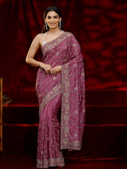 Libas Art - Women Pink Floral Embroidered Saree