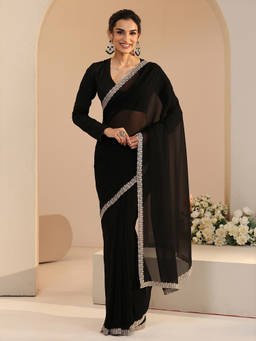 Libas - Women Black Solid Embroidered Saree