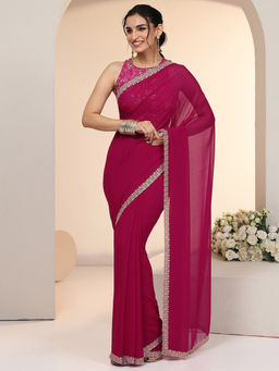 Libas - Women Pink Solid Embroidered Saree