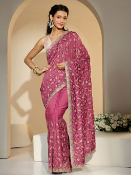 Libas - Women Pink Floral Embroidered Saree