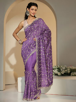 Libas - Women Purple Floral Embroidered Saree