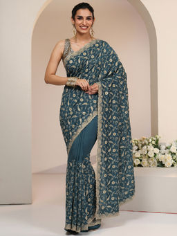 Libas - Women Teal Floral Embroidered Saree
