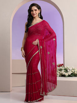 Libas - Women Pink Striped Embellished Saree