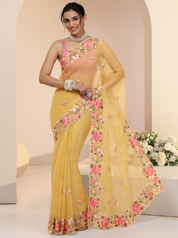 Libas - Women Yellow Floral Embroidered Saree