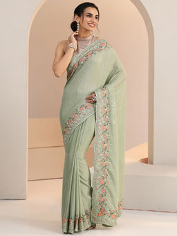 Libas - Women Green Floral Embroidered Sequined Saree