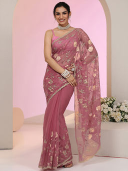 Libas - Women Pink Floral Zari Embroidered Saree