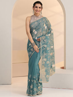 Libas - Women Sea Blue Floral Embroidered Saree
