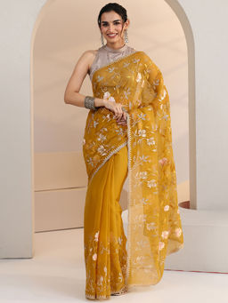 Libas - Women Mustard Floral Embroidered Saree