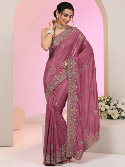 Libas - Women Mauve Floral Embroidered Saree