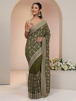 Libas - Women Olive Floral Embroidered Saree