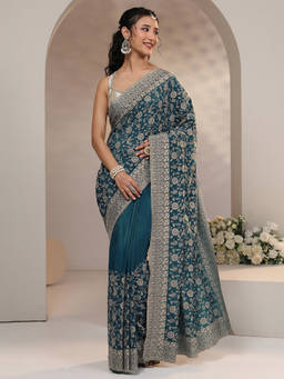 Libas - Women Blue Floral Embroidered Saree