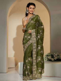 Libas - Women Olive Floral Embroidered Saree