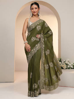 Libas - Women Olive Floral Embroidered Saree