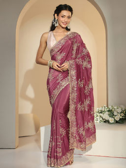 Libas - Women Dusky Rose Pink Floral Embroidered Saree