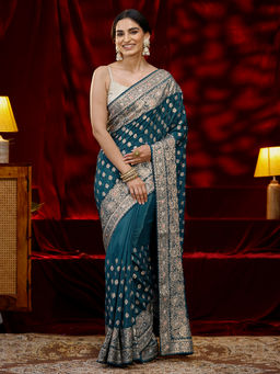 Libas - Women Teal Floral Embroidered Saree