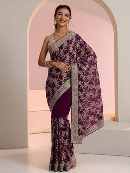 Libas - Women Wine Floral Embroidered Saree