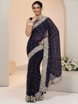 Libas - Women Navy Blue Embroidered Stone Work Saree