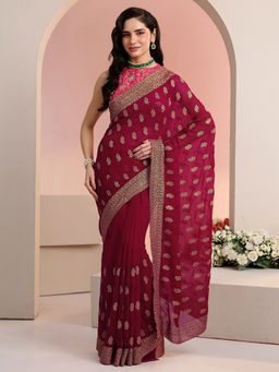 Libas - Women Dark Pink Embroidered Stone Work Saree