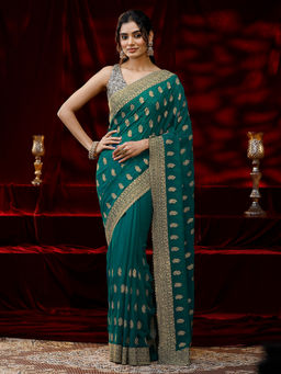 Libas - Women Rama Green Embroidered Stone Work Saree