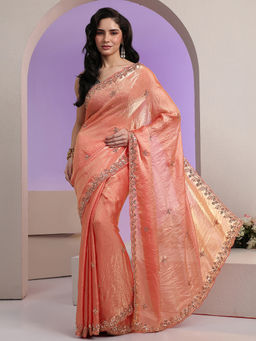 Libas - Women Peach Embellished Sequined Beads Work Saree