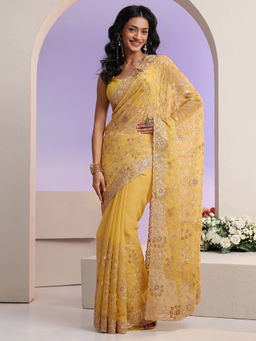 Libas - Women Yellow Floral Embroidered Saree